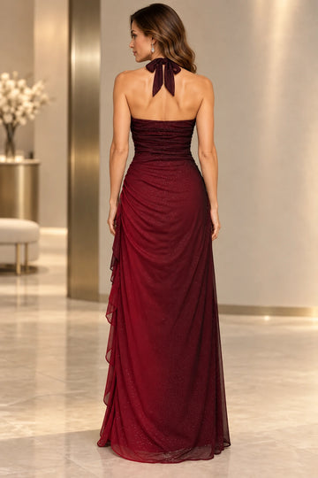Shimmering Burgundy Mesh Sheath Halter Sleeveless Tie Back Maxi Evening Dress