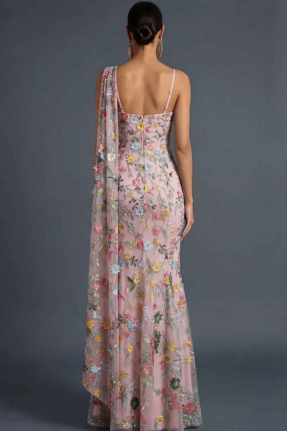 Mermaid One-Shoulder Floral Embroidered Tulle Cape Evening Gown