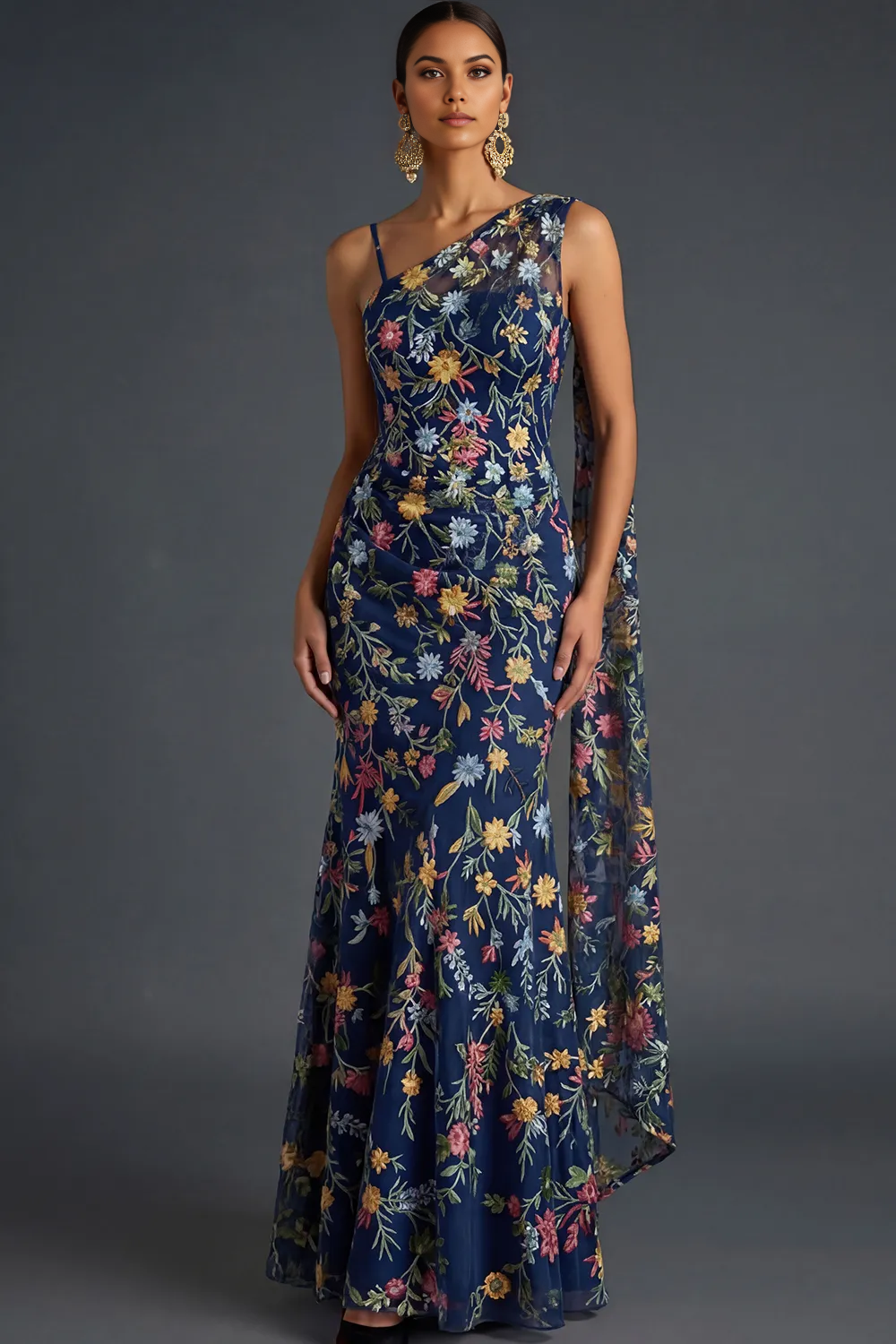Mermaid One-Shoulder Floral Embroidered Tulle Cape Evening Gown