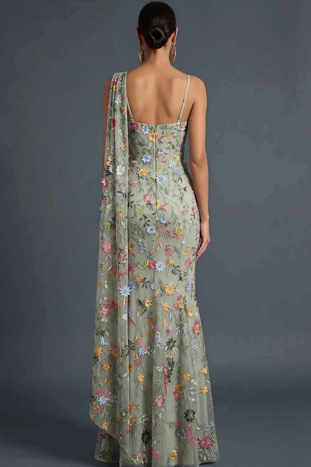 Mermaid One-Shoulder Floral Embroidered Tulle Cape Evening Gown