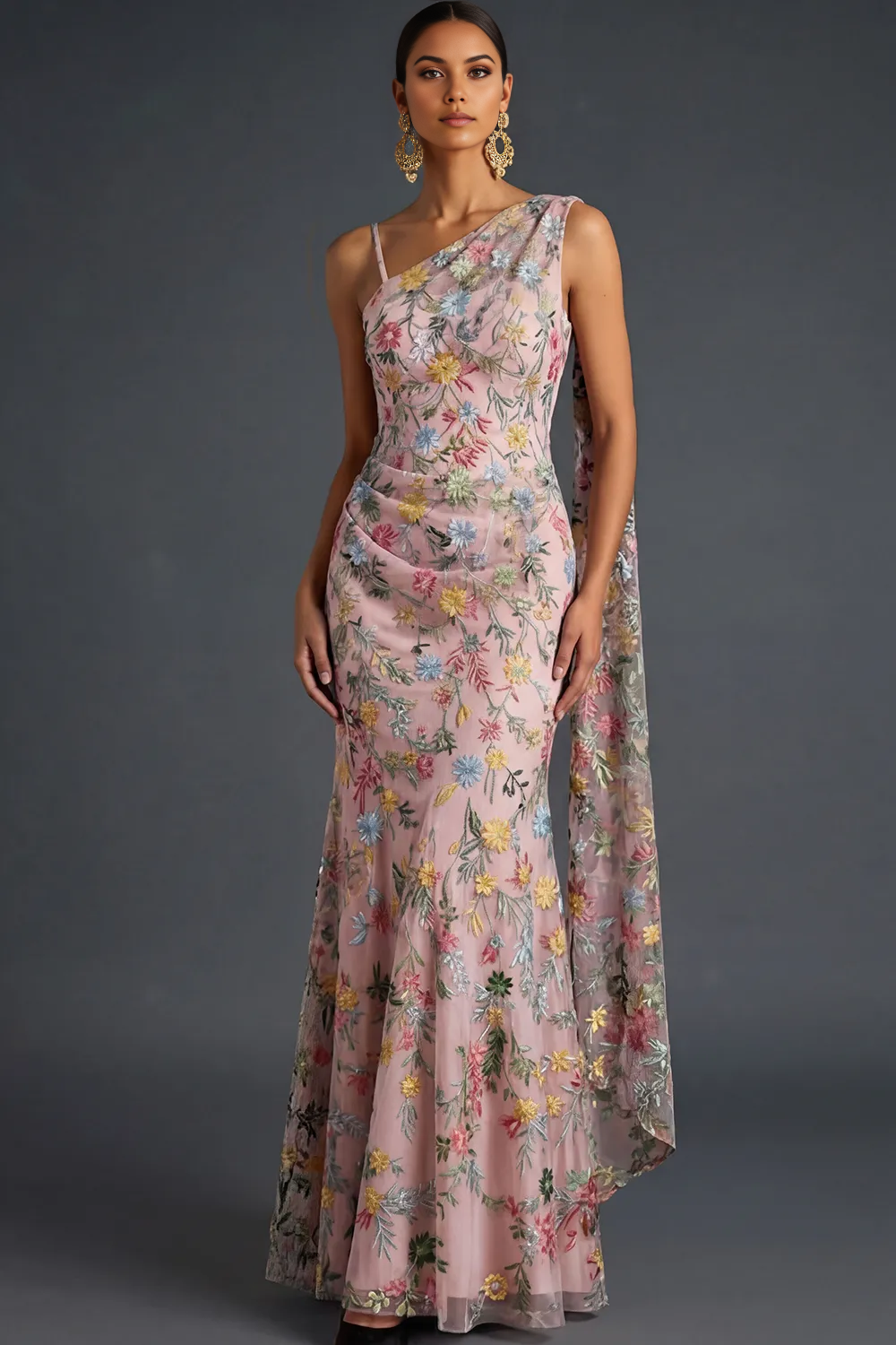 Mermaid One-Shoulder Floral Embroidered Tulle Cape Evening Gown