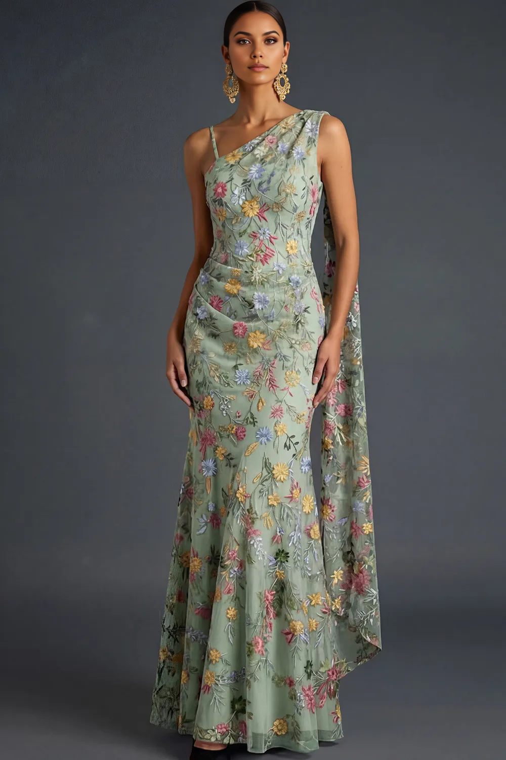 Mermaid One-Shoulder Floral Embroidered Tulle Cape Evening Gown