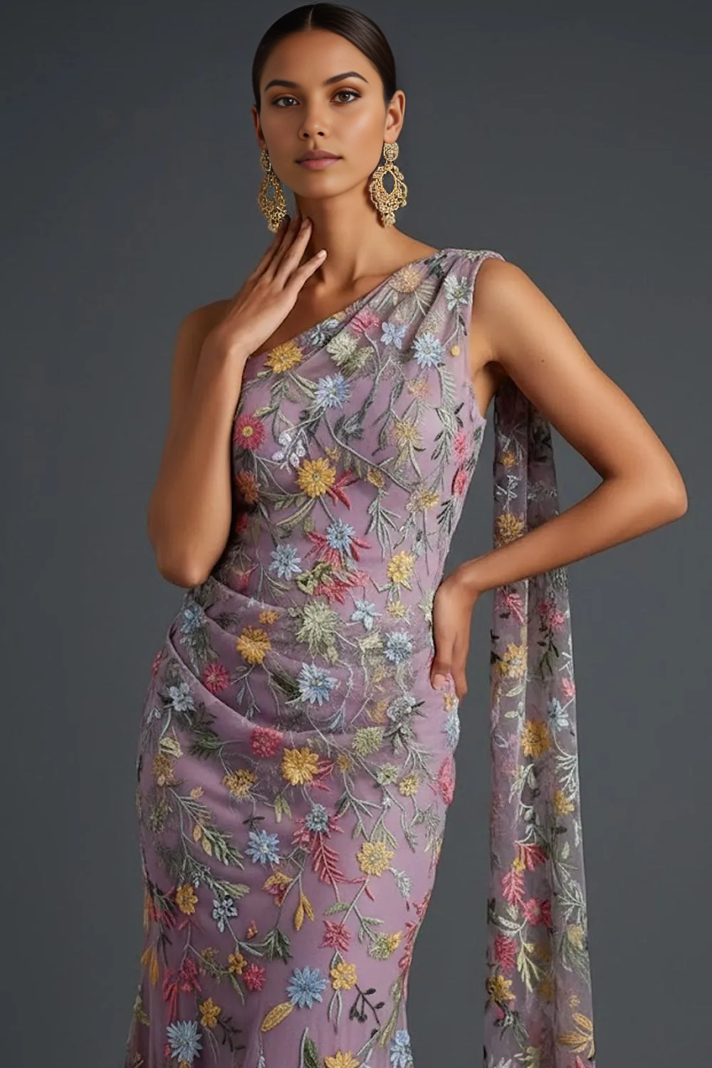 Mermaid One-Shoulder Floral Embroidered Tulle Cape Evening Gown