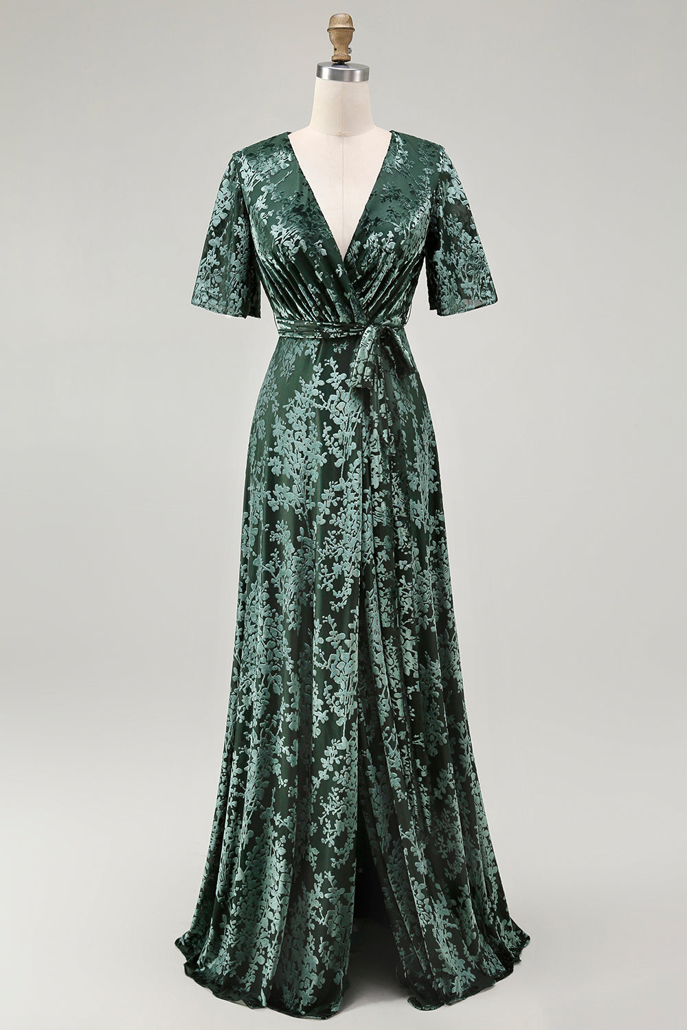 2026 New A-Line V Neck Dark Green Burnout Velvet Floor Length High Slit Dress with Short Sleeves