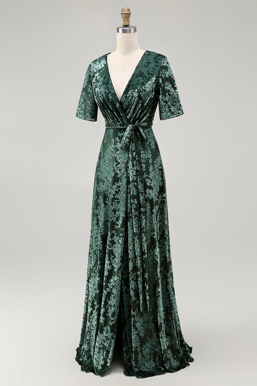 2026 New A-Line V Neck Dark Green Burnout Velvet Floor Length High Slit Dress with Short Sleeves