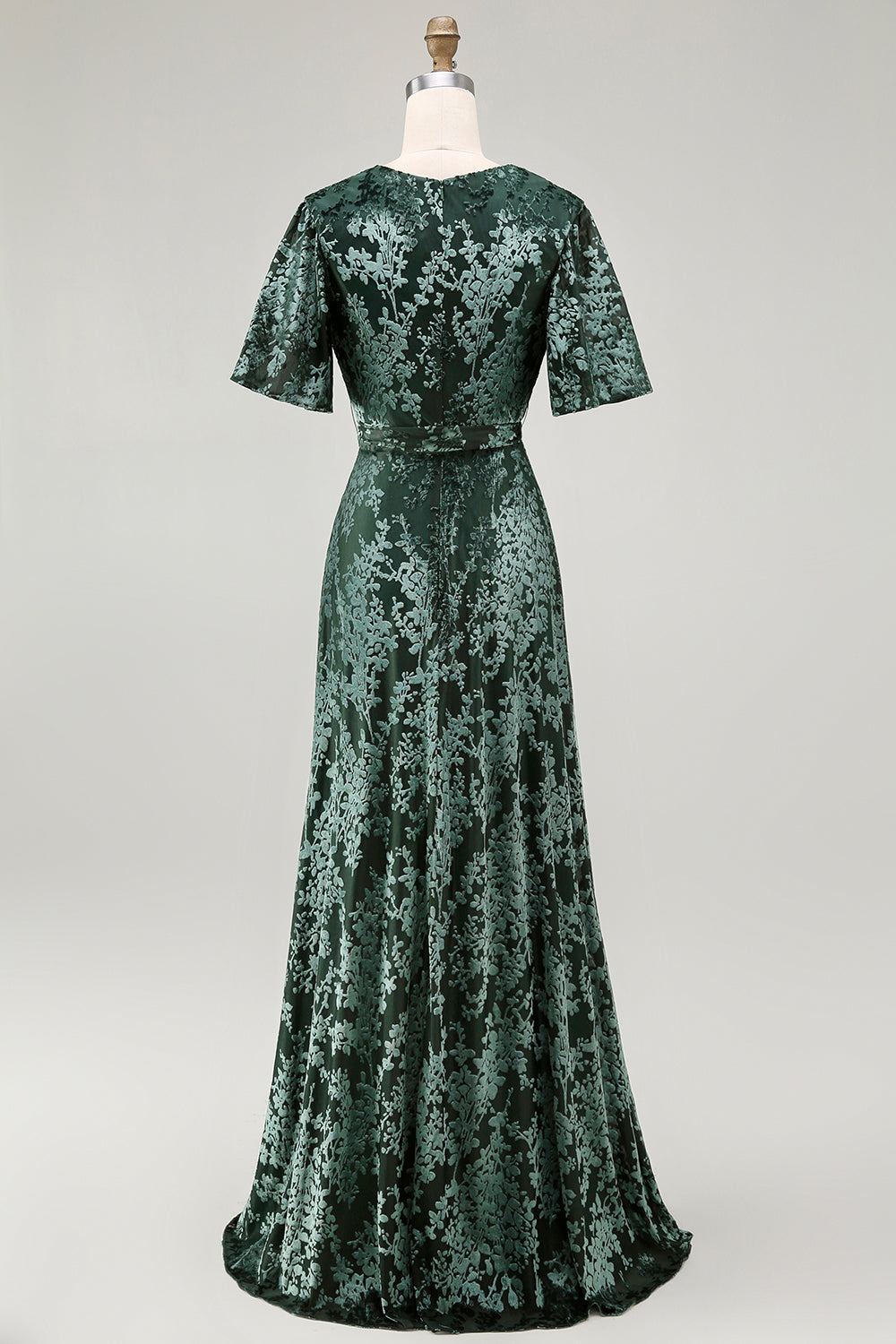 2026 New A-Line V Neck Dark Green Burnout Velvet Floor Length High Slit Dress with Short Sleeves