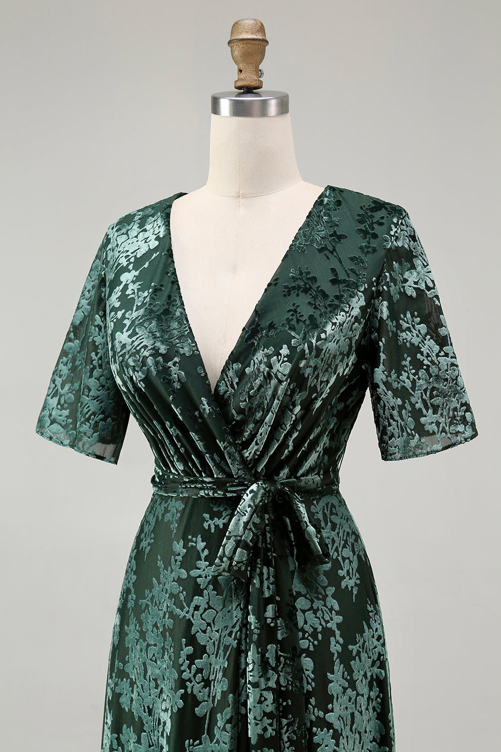 2026 New A-Line V Neck Dark Green Burnout Velvet Floor Length High Slit Dress with Short Sleeves