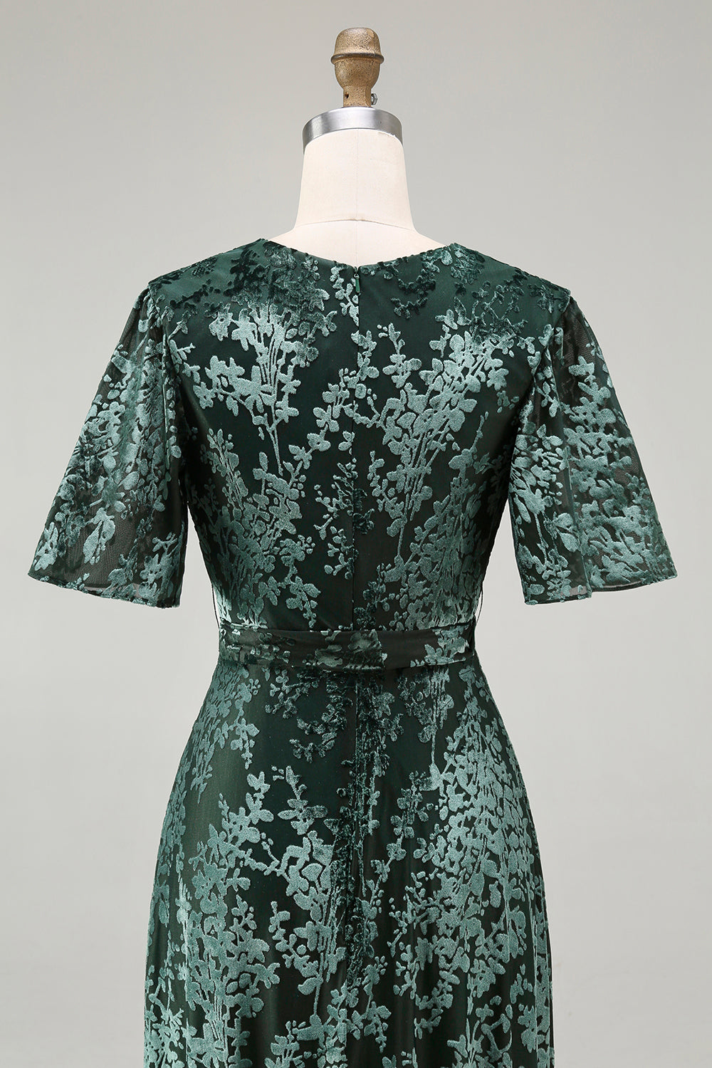 2026 New A-Line V Neck Dark Green Burnout Velvet Floor Length High Slit Dress with Short Sleeves