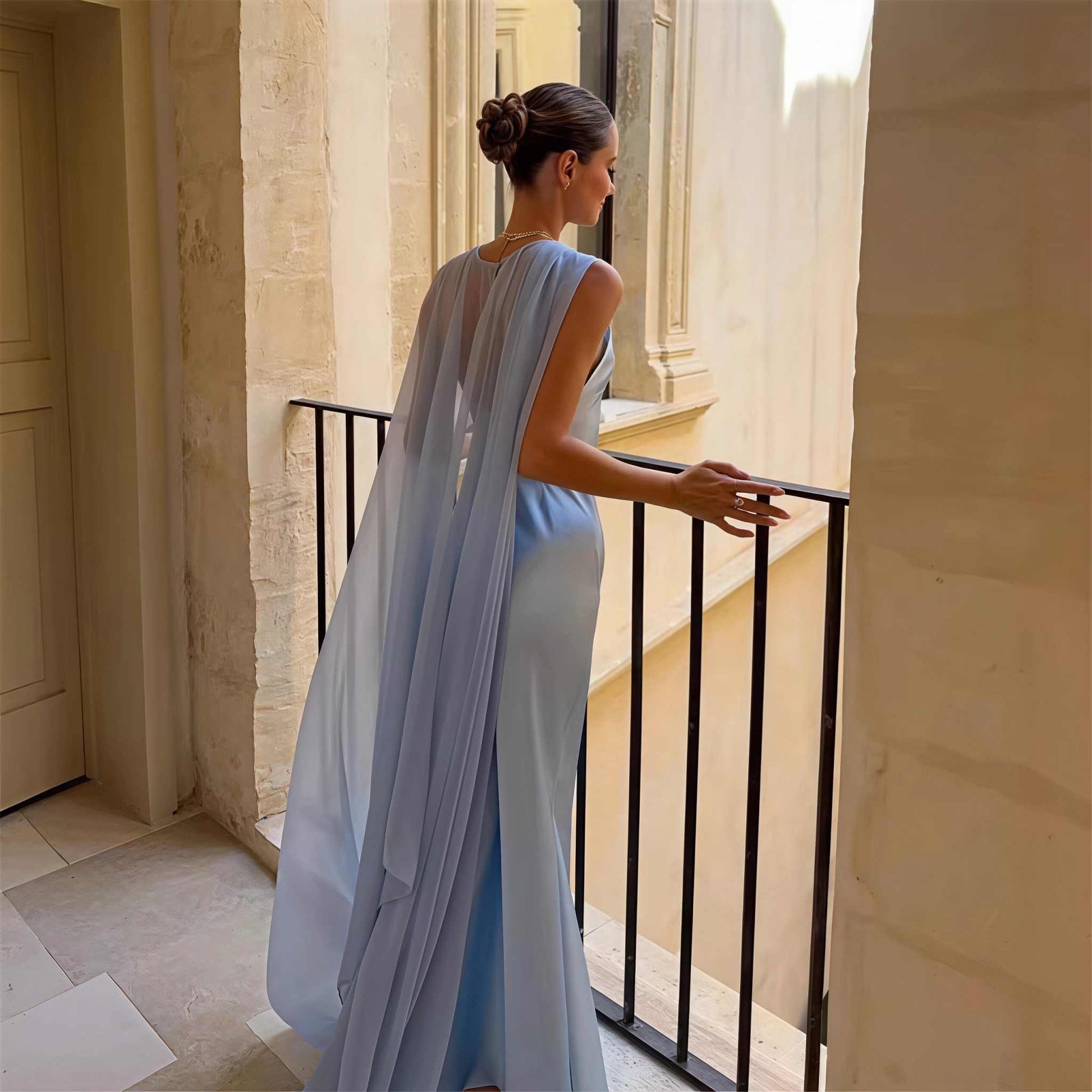 Satin Slip Maxi Dress With Sheer Chiffon Cape Sleeves Wedding Guest Bridesmaid
