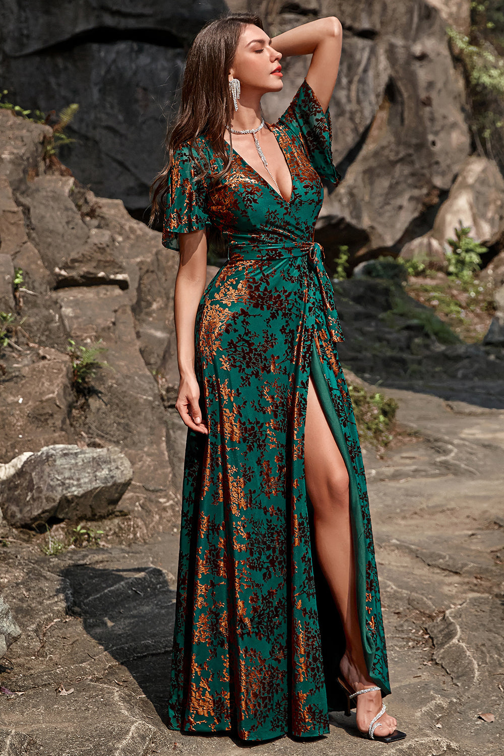 2026 New A-Line V Neck Dark Green Burnout Velvet Floor Length High Slit Dress with Short Sleeves