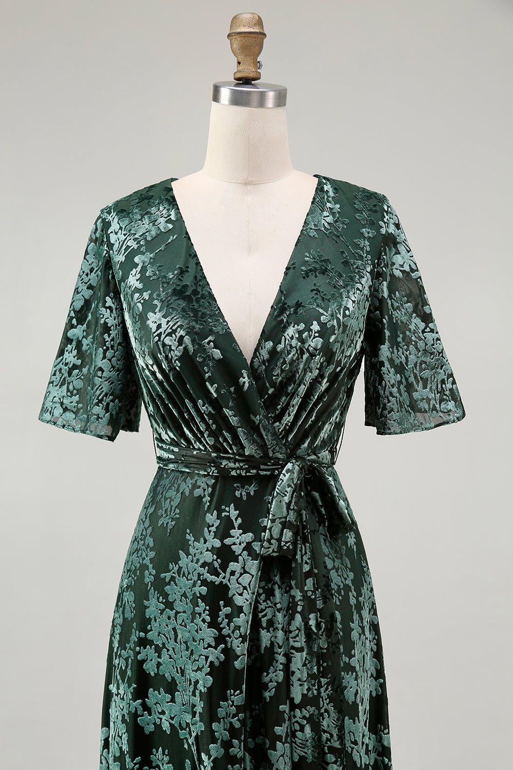 2026 New A-Line V Neck Dark Green Burnout Velvet Floor Length High Slit Dress with Short Sleeves