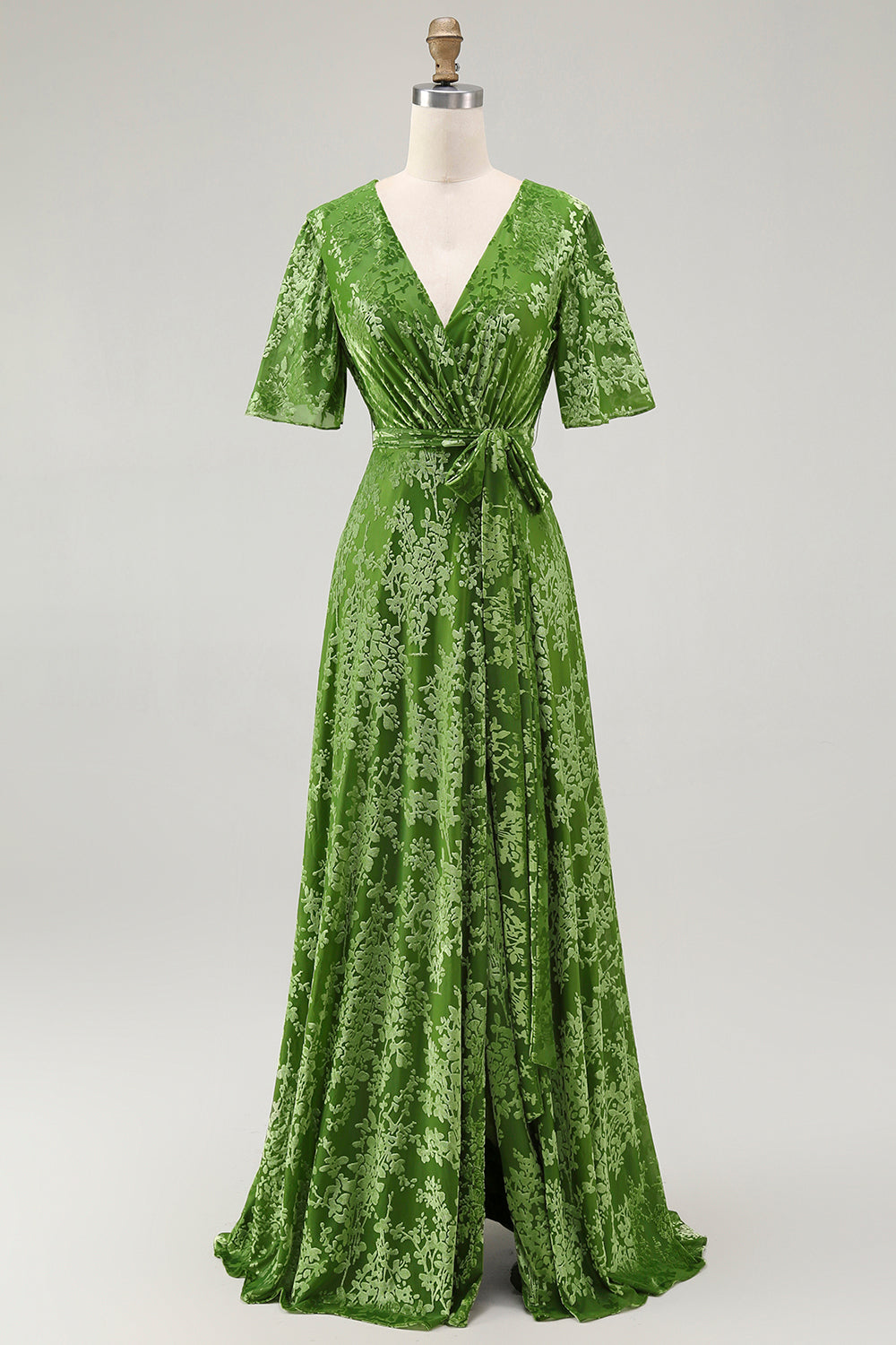 2026 New A-Line V Neck Dark Green Burnout Velvet Floor Length High Slit Dress with Short Sleeves
