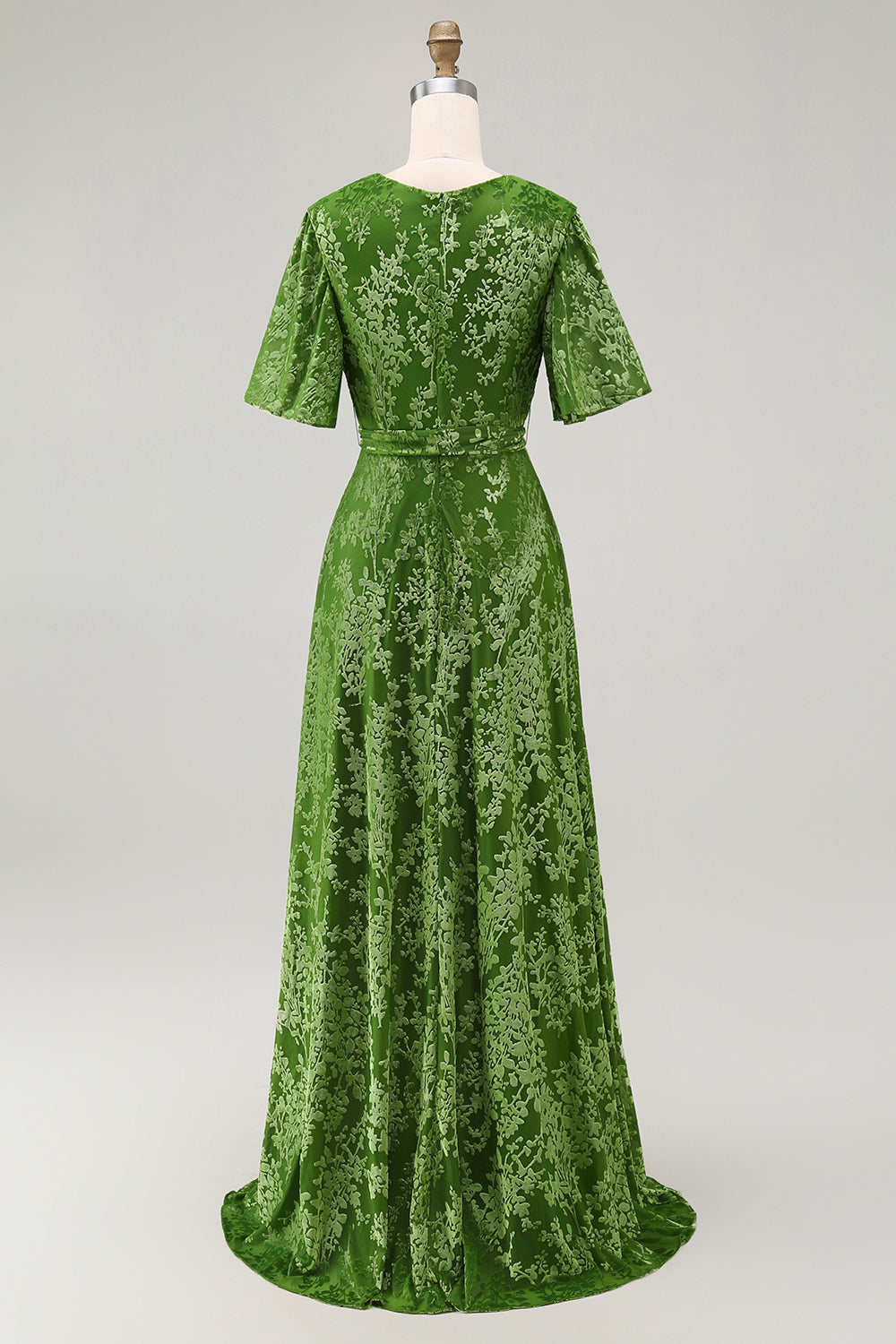 2026 New A-Line V Neck Dark Green Burnout Velvet Floor Length High Slit Dress with Short Sleeves