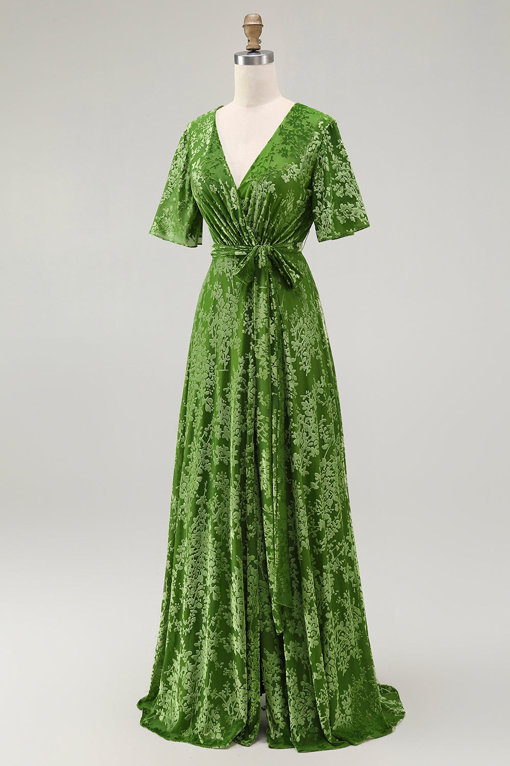 2026 New A-Line V Neck Dark Green Burnout Velvet Floor Length High Slit Dress with Short Sleeves