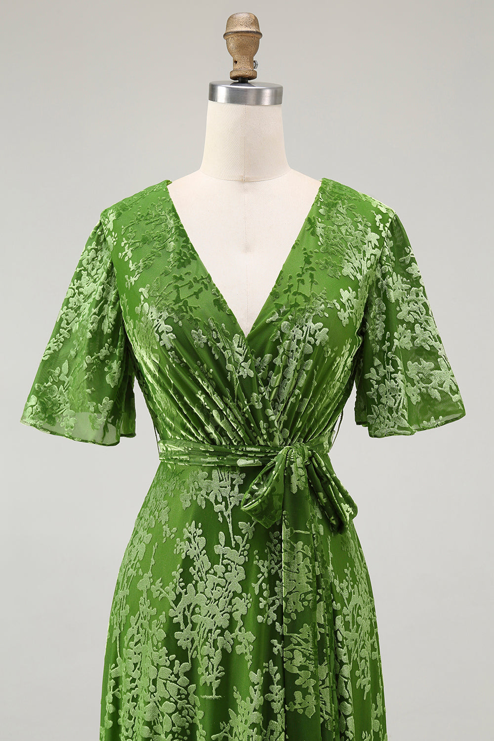 2026 New A-Line V Neck Dark Green Burnout Velvet Floor Length High Slit Dress with Short Sleeves