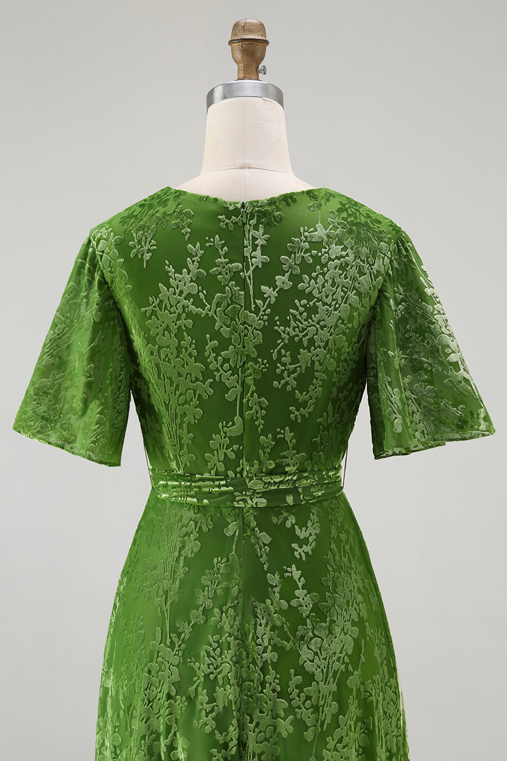 2026 New A-Line V Neck Dark Green Burnout Velvet Floor Length High Slit Dress with Short Sleeves