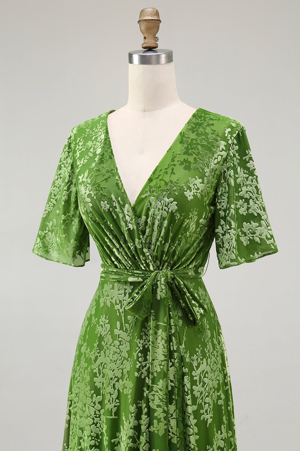 2026 New A-Line V Neck Dark Green Burnout Velvet Floor Length High Slit Dress with Short Sleeves