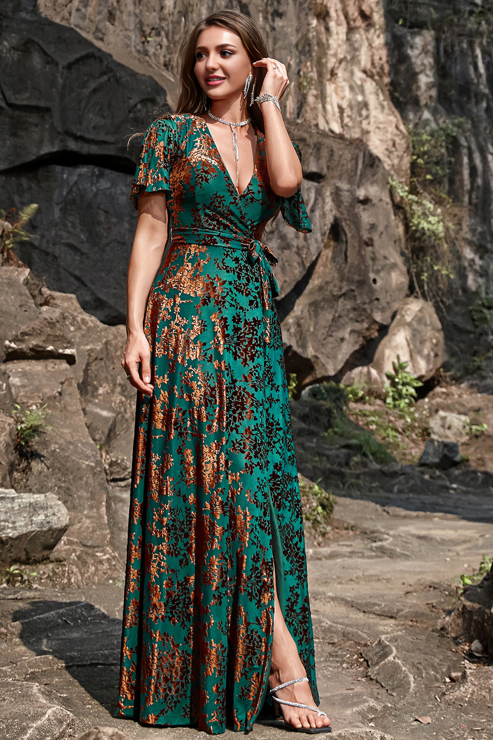 2026 New A-Line V Neck Dark Green Burnout Velvet Floor Length High Slit Dress with Short Sleeves