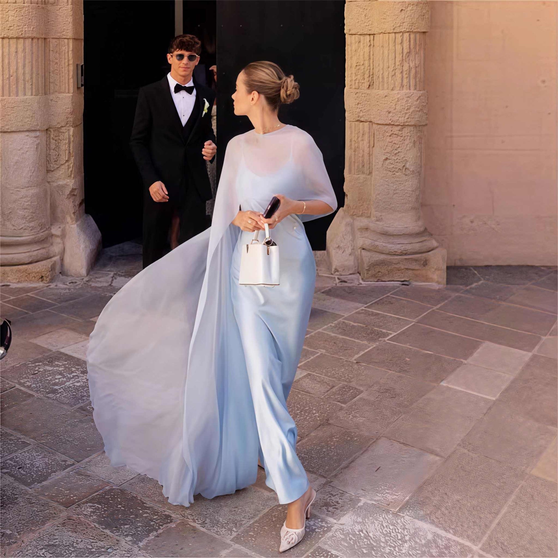 Satin Slip Maxi Dress With Sheer Chiffon Cape Sleeves Wedding Guest Bridesmaid