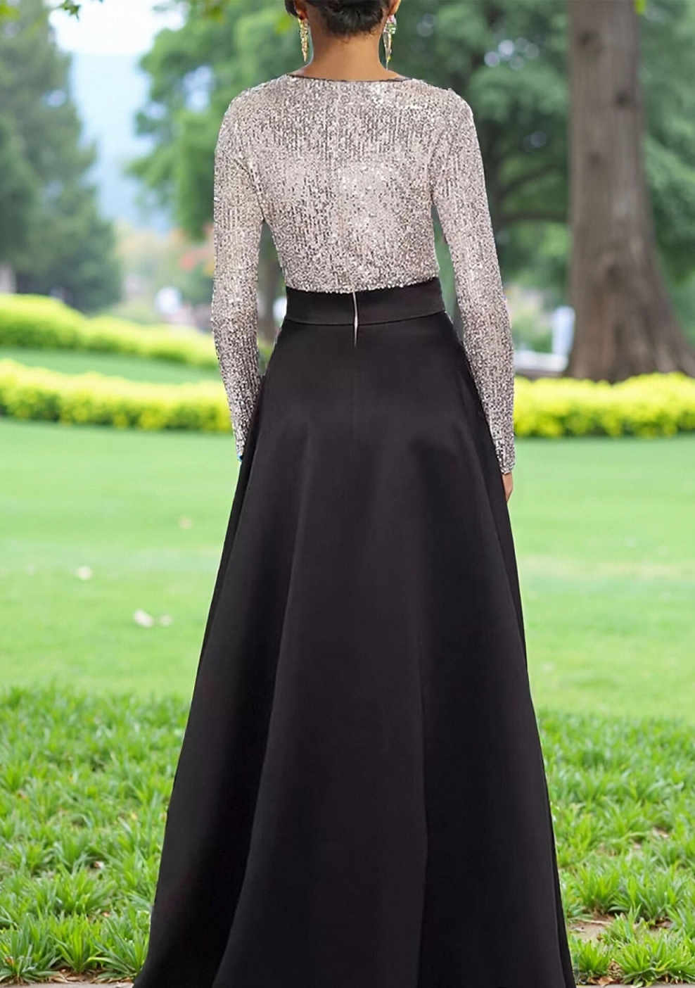 Long Sleeve V-Neck Sequin Top & Satin Skirt Formal Evening Gown with Bow Sash & Pockets