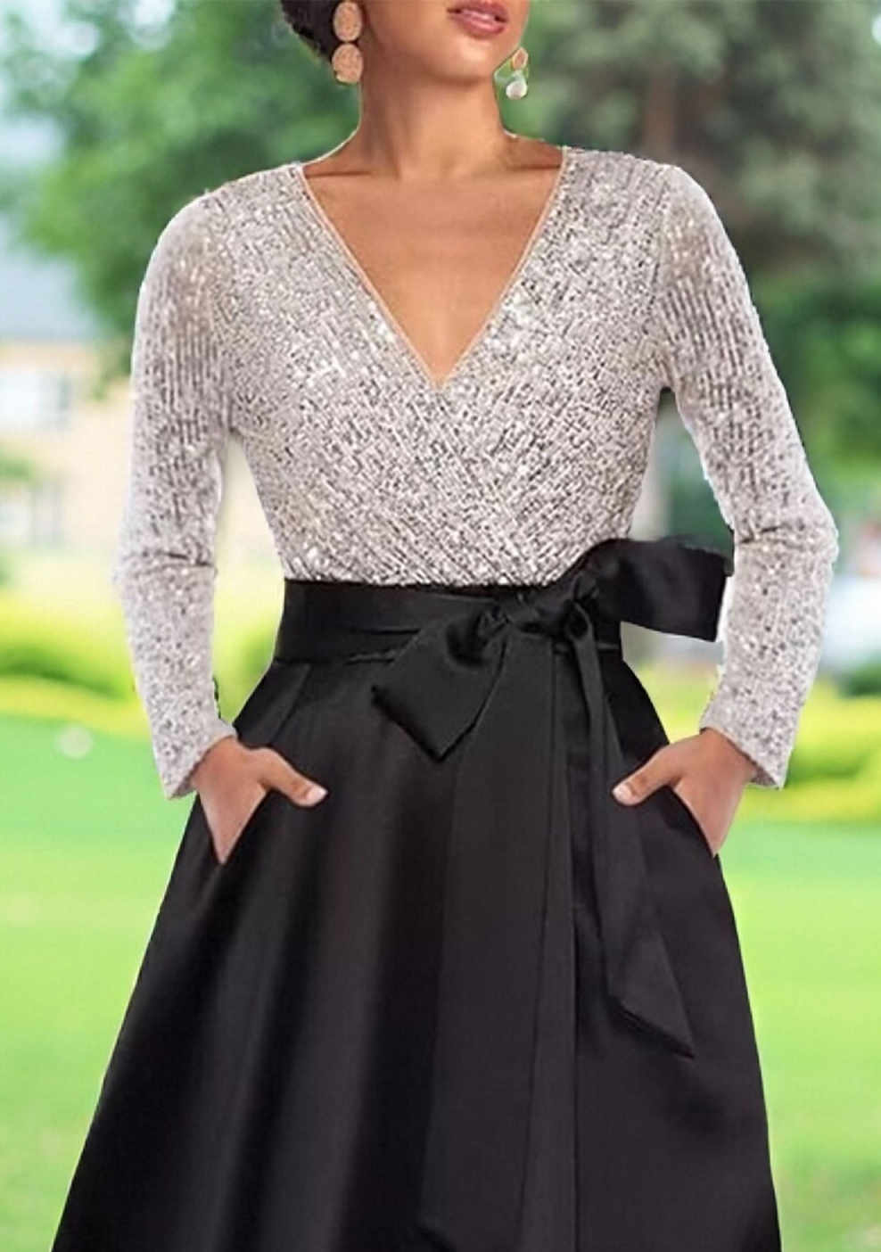 Long Sleeve V-Neck Sequin Top & Satin Skirt Formal Evening Gown with Bow Sash & Pockets