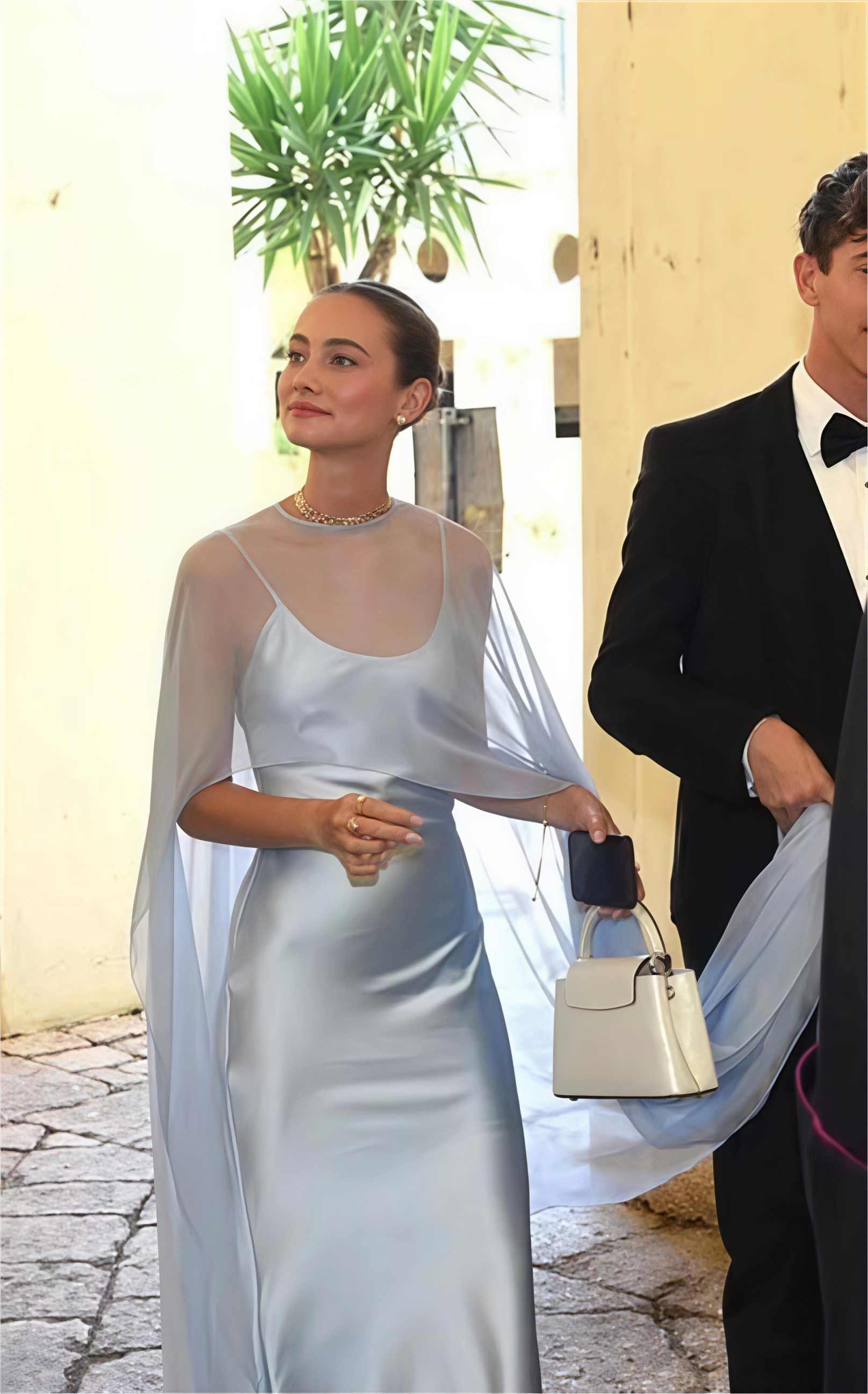 Satin Slip Maxi Dress With Sheer Chiffon Cape Sleeves Wedding Guest Bridesmaid