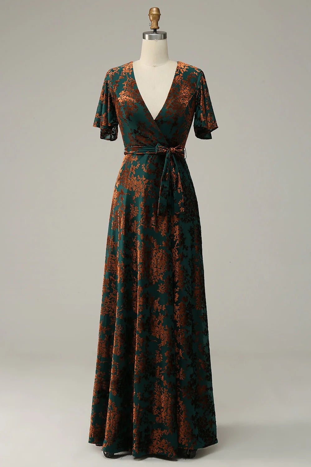 2026 New A-Line V Neck Dark Green Burnout Velvet Floor Length High Slit Dress with Short Sleeves