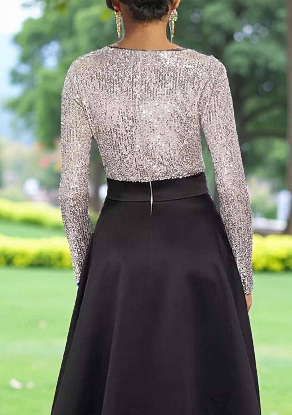 Long Sleeve V-Neck Sequin Top & Satin Skirt Formal Evening Gown with Bow Sash & Pockets