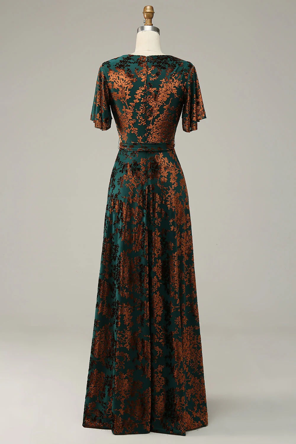 2026 New A-Line V Neck Dark Green Burnout Velvet Floor Length High Slit Dress with Short Sleeves