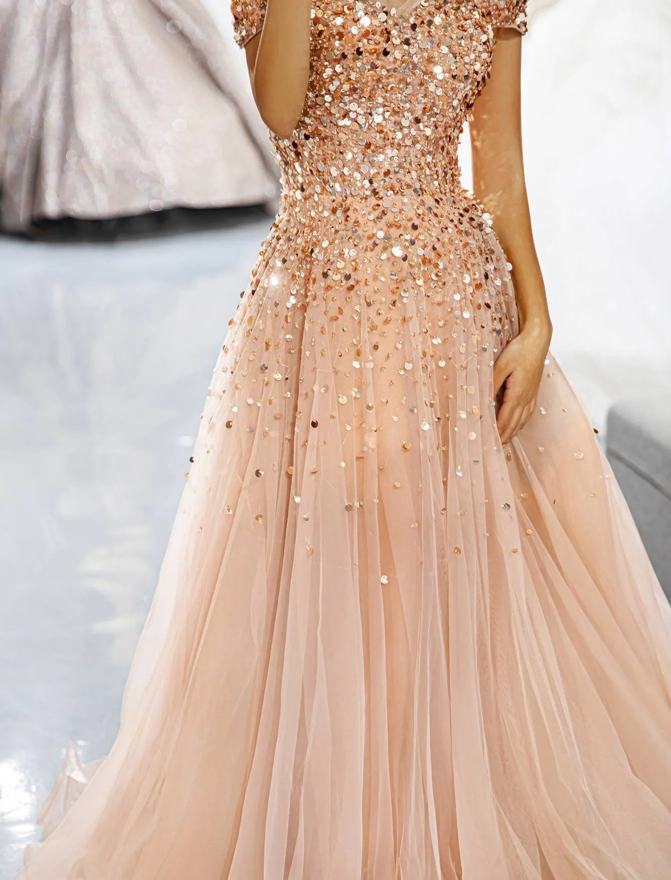 Blush A-line Off Shoulder Sequin Tulle Long Evening Dress