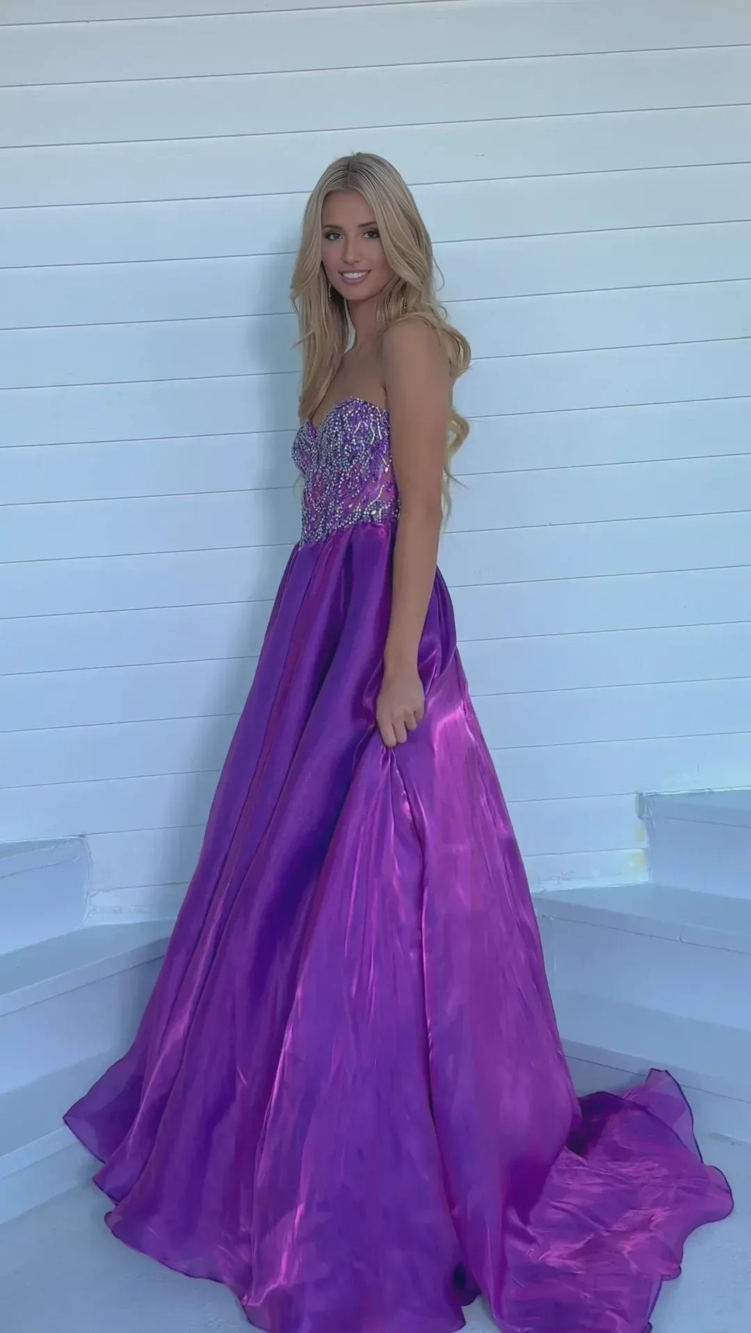Glamorous A-Line Strapless Sweetheart Beaded Bodice Rhinestone Satin Ball Prom Dress
