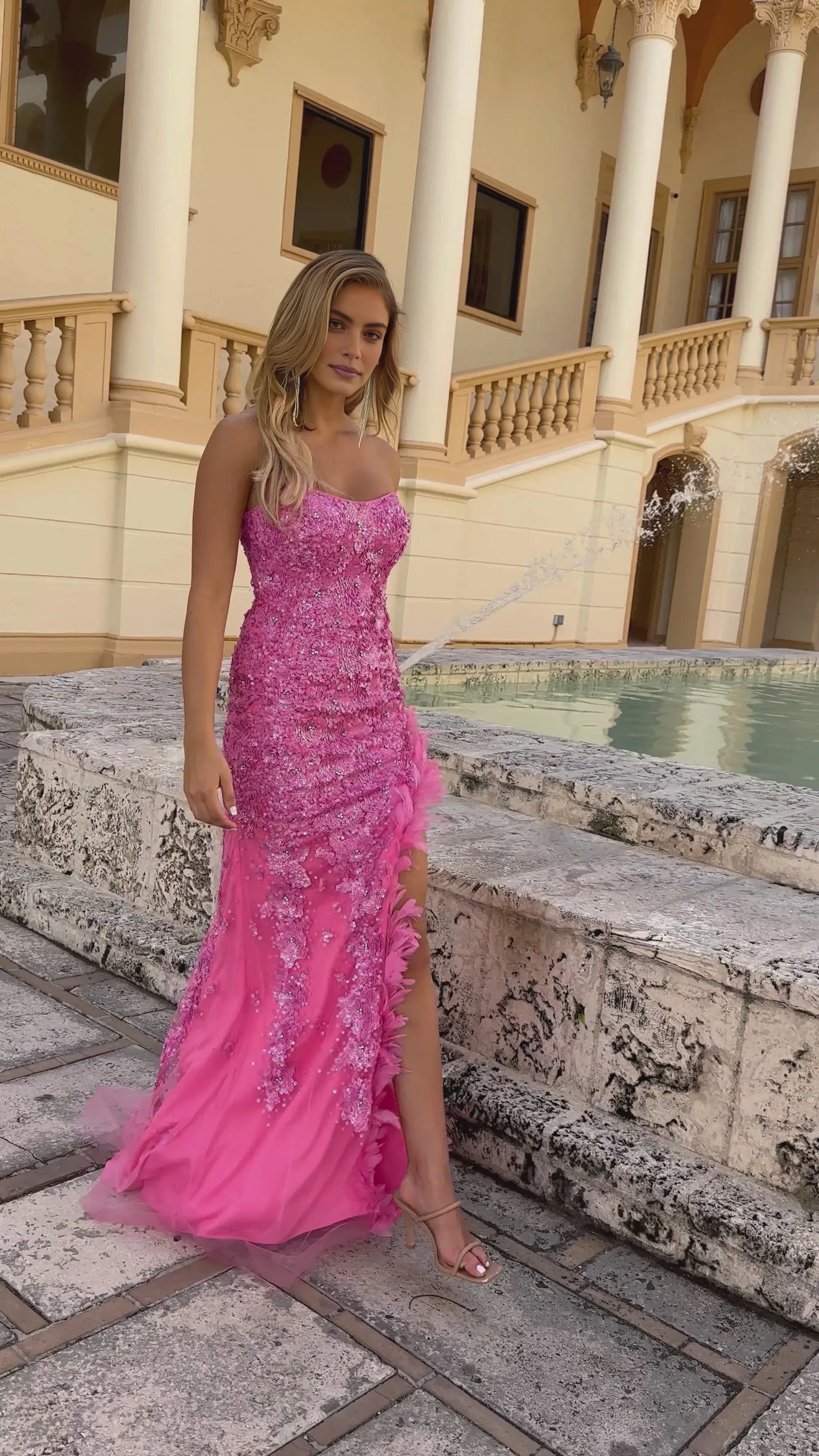Mermaid Sweetheart Strapless Tulle Sequin 3D Floral Slit Prom Gown with Soft Feather