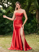 Satin Mermaid Evening Dress Strapless with Beaded Illusion Corset Bodice and Ruched Waist Detail, Perfect for Prom & Red Carpet Events