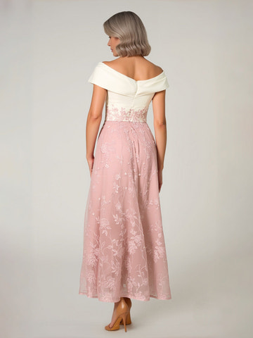 White & Blush Pink Off-the-Shoulder Embroidered Midi Dress – Formal Cocktail Gown