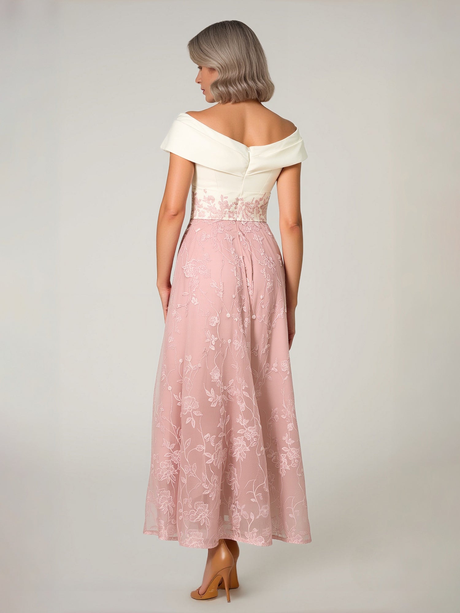 White & Blush Pink Off-the-Shoulder Embroidered Midi Dress – Formal Cocktail Gown