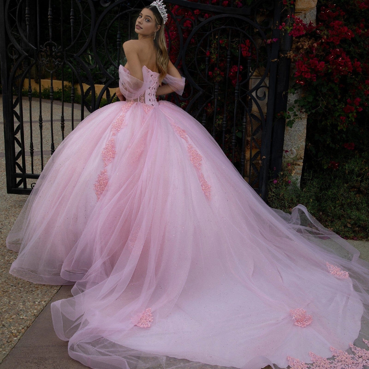 Elegant Ball Gown Off‑Shoulder Tulle Flutter Sleeve Lace‑Up Back Cathedral Train Quinceanera Dress
