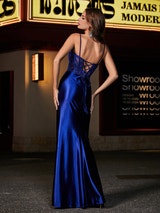 Satin Spaghetti Strap Formal Gown Lace Corset Bodice Ruched High Slit Mermaid Maxi Dress for Prom and Black-Tie Events
