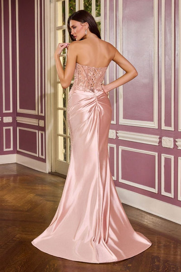 Strapless Beaded Satin Mermaid Gown with Sheer Beaded Slit – Formal Evening & Prom Dress