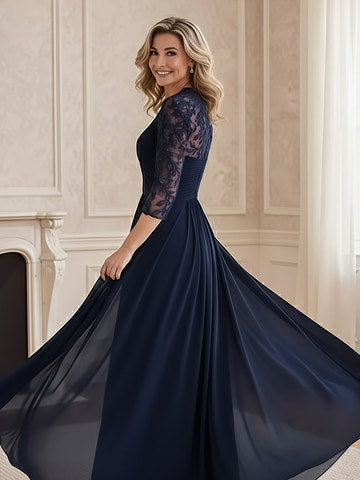 Navy Blue Lace 3/4 Sleeve V-Neck Chiffon Formal Evening Gown