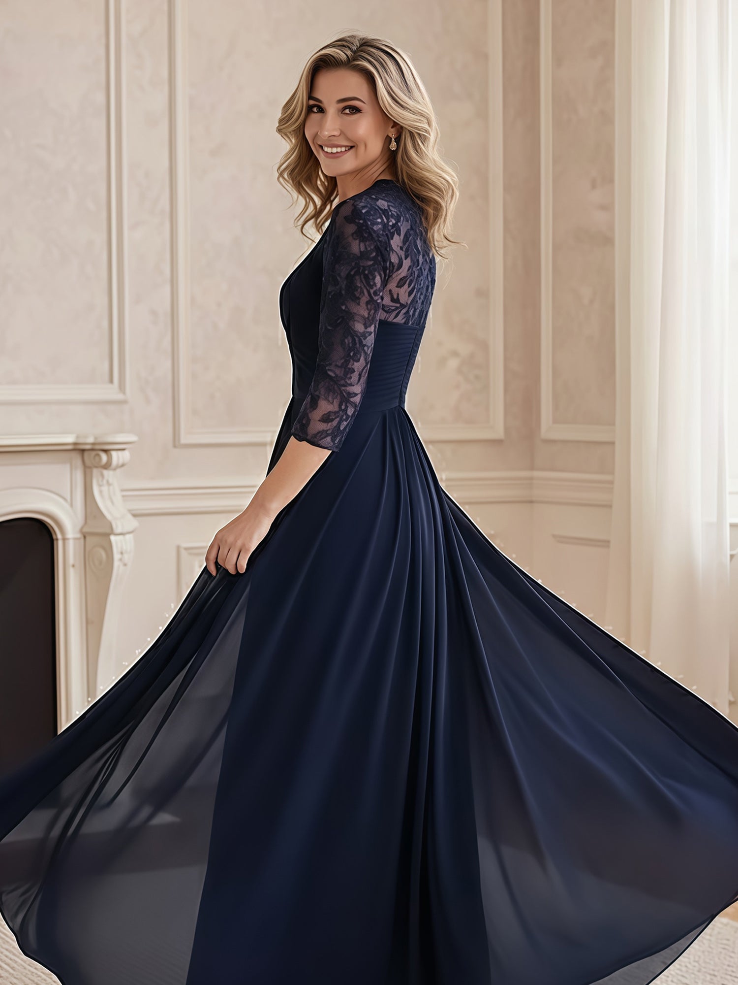 Navy Blue Lace 3/4 Sleeve V-Neck Chiffon Formal Evening Gown
