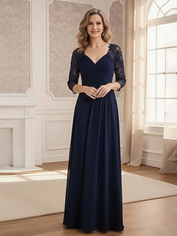 Navy Blue Lace 3/4 Sleeve V-Neck Chiffon Formal Evening Gown