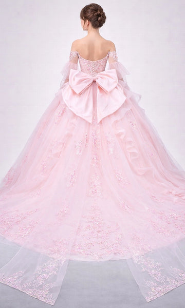 Vedress blush pink quinceanera dress corset back oversized satin bow cathedral train ruffled tulle ballgown back view