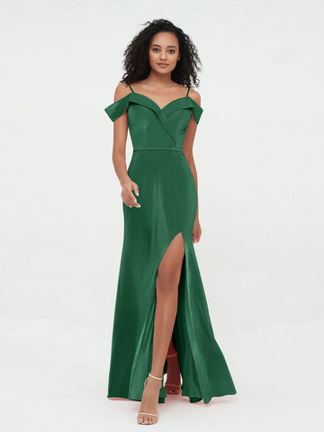 Burgundy Satin Off-the-Shoulder Formal Gown Spaghetti Strap V-Neck Ruched High Slit Mermaid Maxi Dress for Prom and Wedding Events
