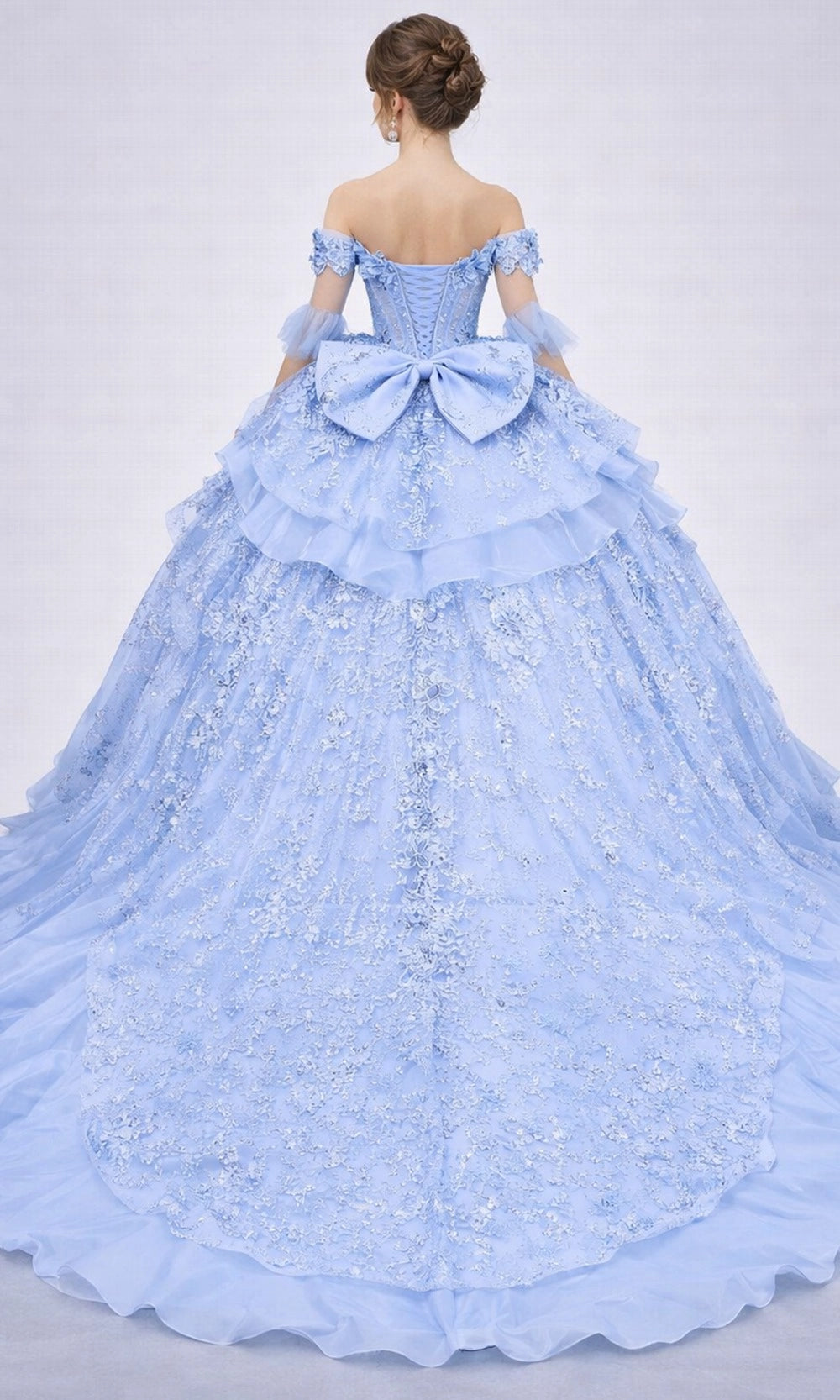 Vedress light sky blue quinceanera dress corset back oversized bow tiered ruffle long train 3d flower appliques back view