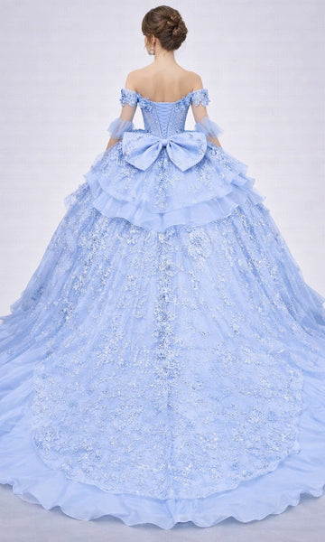 Vedress light sky blue quinceanera dress corset back oversized bow tiered ruffle long train 3d flower appliques back view