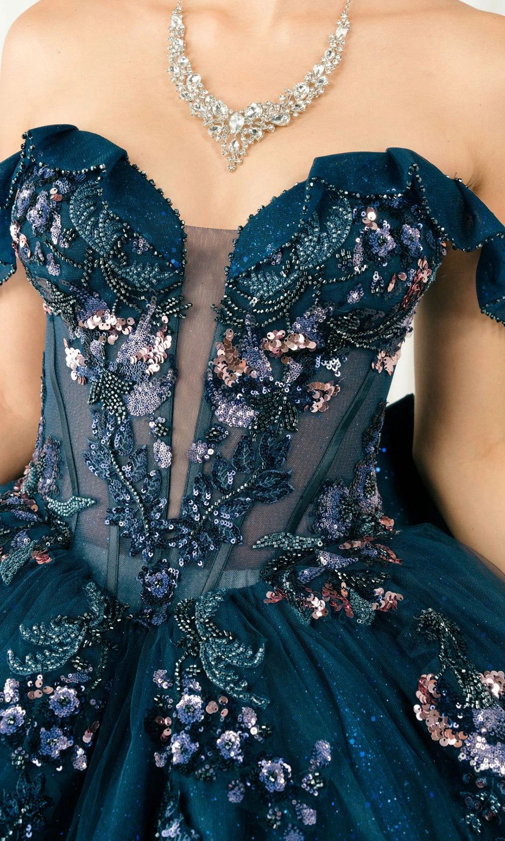 Enchanting Navy Blue Ball Gown Off‑Shoulder Ruffle Sleeve Lace‑Up Back Cathedral Train Quinceanera Dress