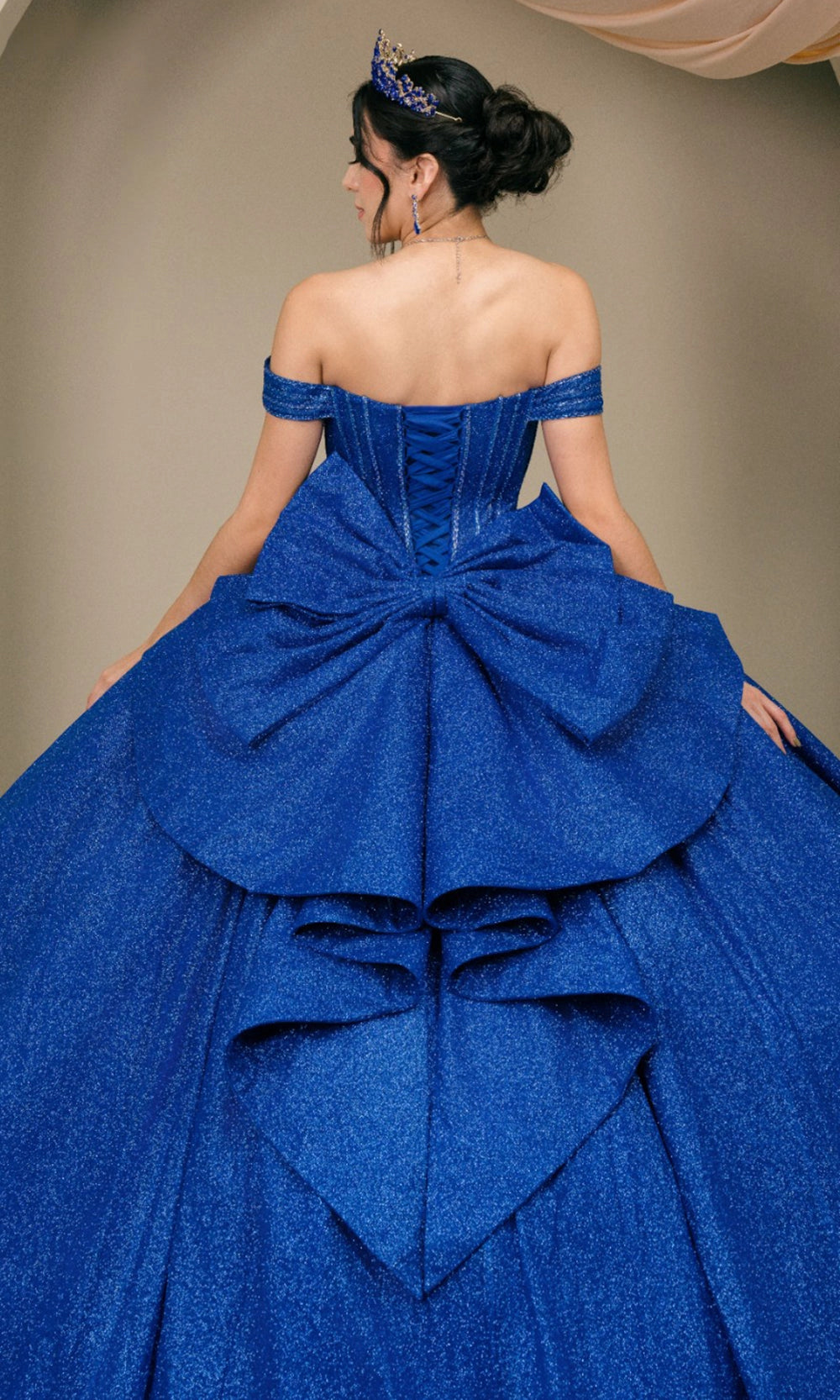 Luxurious Ball Gown Off‑Shoulder Short Sleeve Lace‑Up Back Cathedral Train Quinceanera Dress