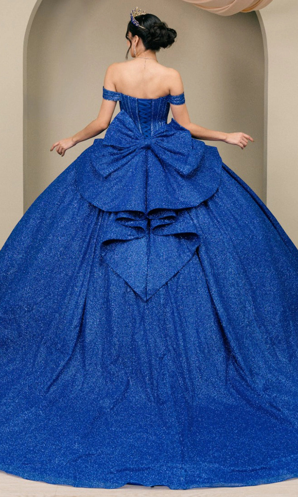 Luxurious Ball Gown Off‑Shoulder Short Sleeve Lace‑Up Back Cathedral Train Quinceanera Dress
