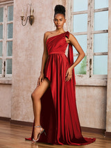 Emerald Green Satin One-Shoulder Formal Gown Draped Bow Waist High Slit Maxi Dress with Sweep Train for Prom and Wedding Events