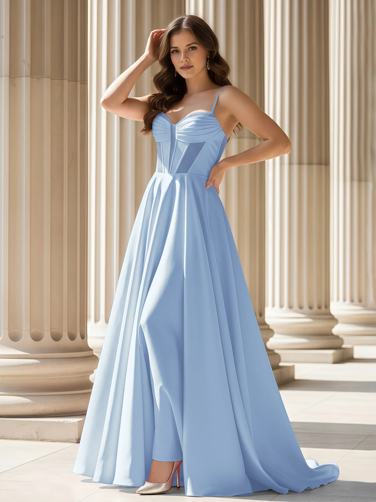 Vestido de Noche de Satén Acampanado con Corpiño Corsé de Tirantes y Cola - Vestido Formal para Fiesta de Graduación e Invitada de Boda